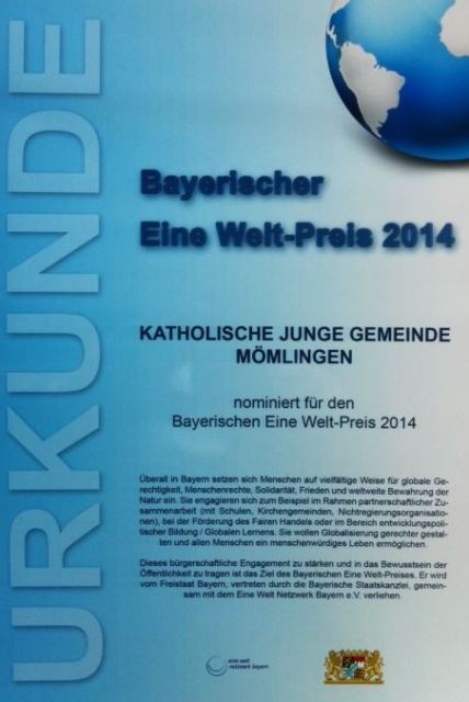 Bayerischer Eine Welt Preis 2014 Urkunde